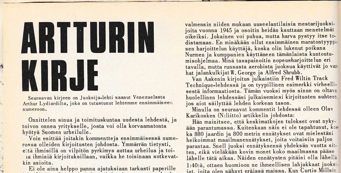 Juoksija-lehti 2/1971 - Arthur Lydiardin kirje Juoksija-lehdelle - Juoksija